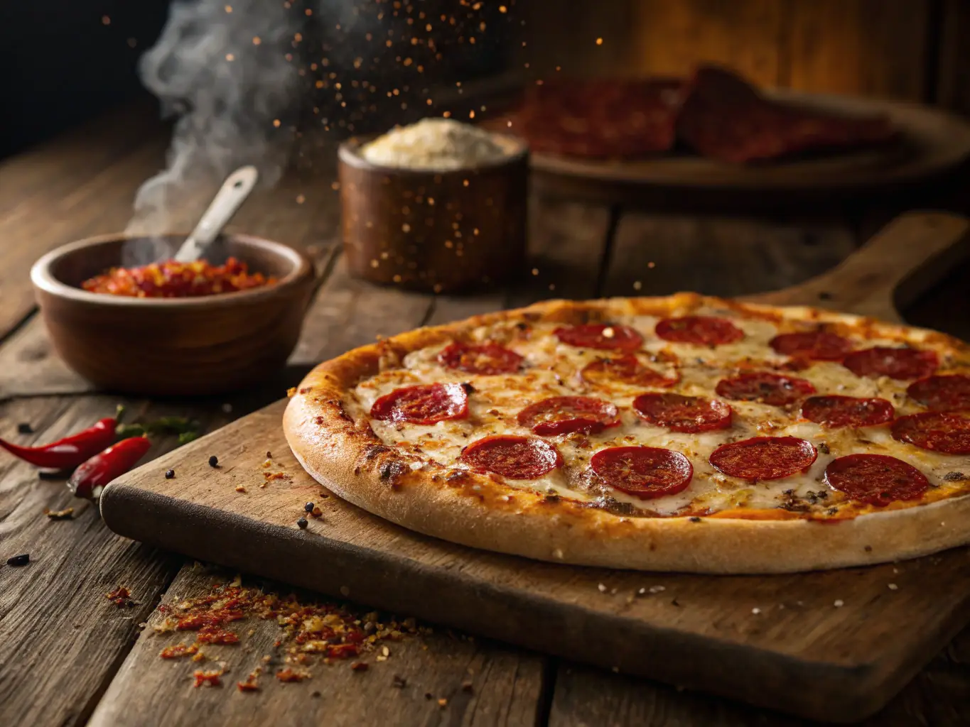 A close-up shot of a classic pepperoni pizza with melted cheese and crispy pepperoni slices, showcasing the traditional and comforting flavors.