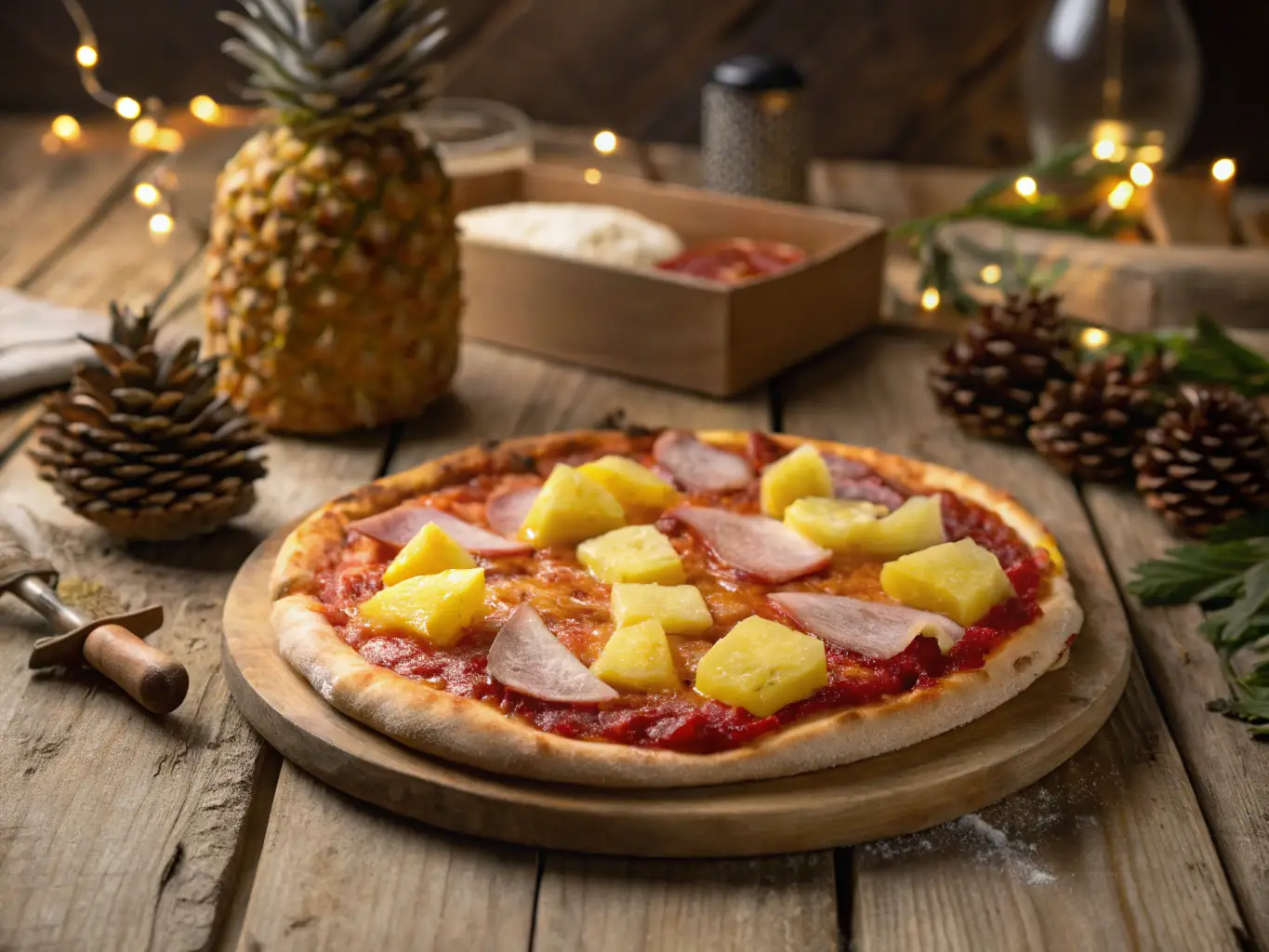 A vibrant image of a 'Hawaiian Heat' pizza featuring juicy pineapple chunks, crispy bacon, and a spicy jalapeño kick, highlighting its sweet and spicy flavor profile.